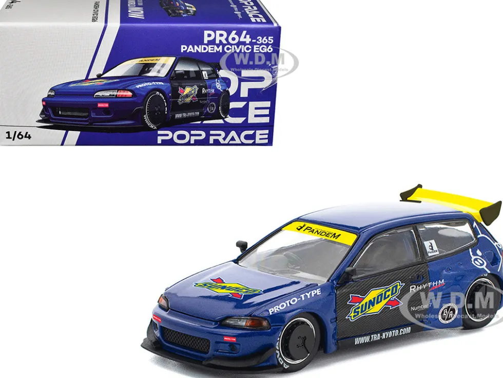 Pandem Civic EG6 RHD (Right Hand Drive) "Sunoco" Blue Metallic with Yellow Accents 1/64 Diecast Model Car by Pop Race