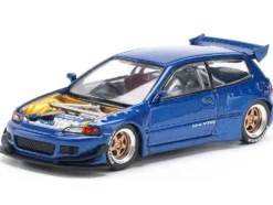 Pandem Civic EG6 VTEC RHD (Right Hand Drive) Blue Metallic with No Hood 1/64 Diecast Model Car by Pop Race