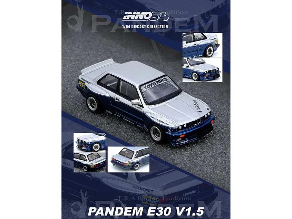 Pandem E30 M3 Silver Metallic and Dark Blue 1/64 Diecast Model Car by Inno Models