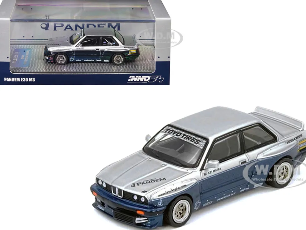 Pandem E30 M3 Silver Metallic and Dark Blue 1/64 Diecast Model Car by Inno Models