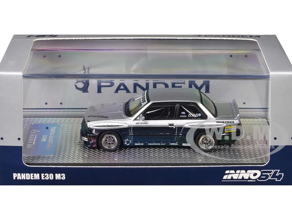 Pandem E30 M3 Silver Metallic and Dark Blue 1/64 Diecast Model Car by Inno Models