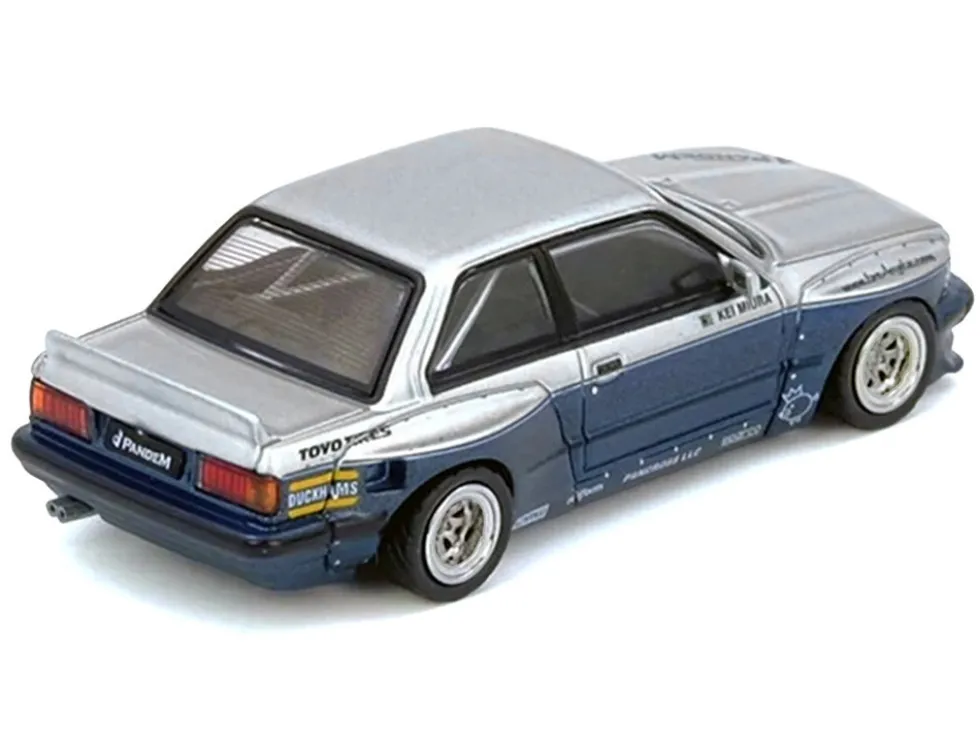 Pandem E30 M3 Silver Metallic and Dark Blue 1/64 Diecast Model Car by Inno Models