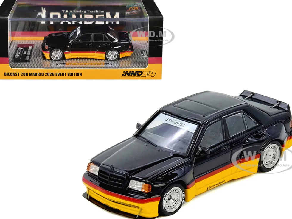 Pandem Rocket Bunny 190E Black with Red and Yellow Stripes "Diecast Con Madrid 2026 Event Edition" 1/64 Diecast Model Car by Inno Models