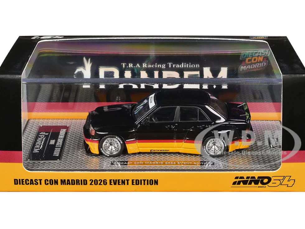 Pandem Rocket Bunny 190E Black with Red and Yellow Stripes "Diecast Con Madrid 2026 Event Edition" 1/64 Diecast Model Car by Inno Models