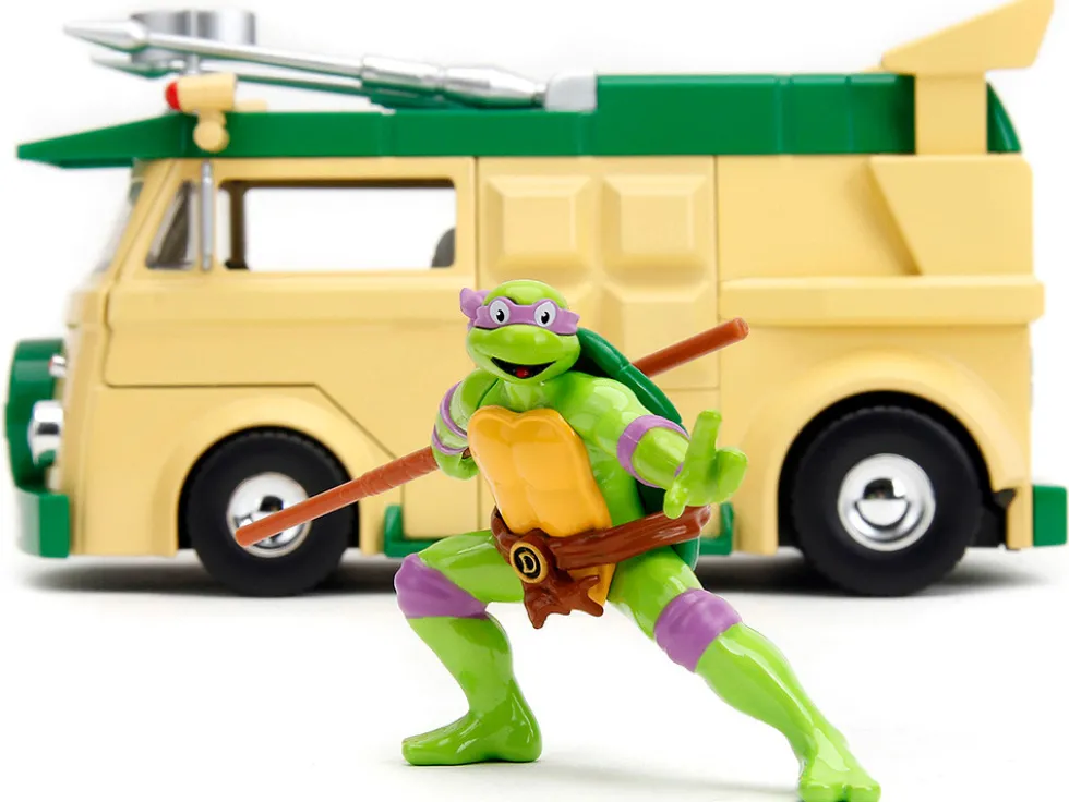 Party Wagon Green and Beige and Donatello Diecast Figure Teenage Mutant Ninja Turtles Hollywood Rides Series Diecast Model Jada 34529