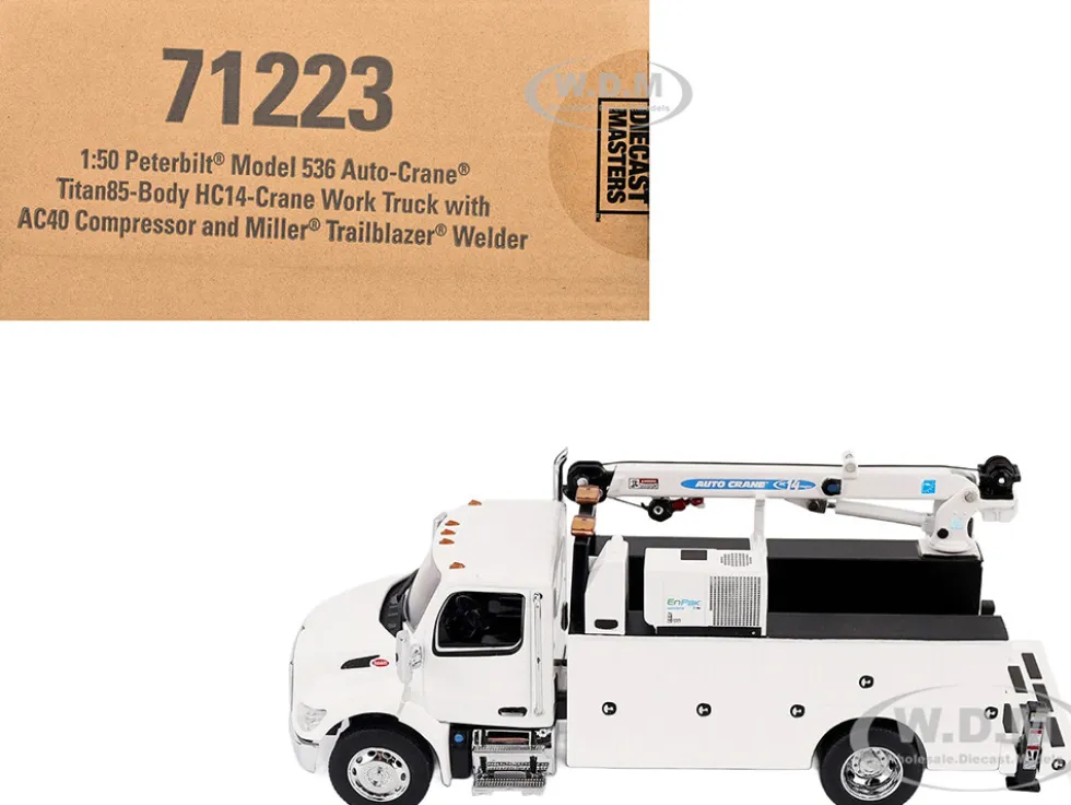 Peterbilt 536 Auto-Crane Titan 85-Body HC14-Crane Work Truck with Miller EnPak White "Transport Series" 1/50 Diecast Model by Diecast Masters