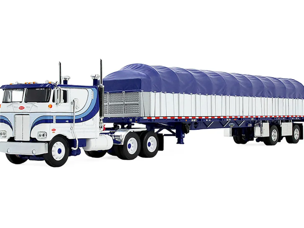 Peterbilt 352 COE 110" Sleeper and 53’ Wilson Roadbrute Flatbed Trailer with Covered Wagon White with Blue Stripes 1/64 Diecast Model by DCP/First Gear