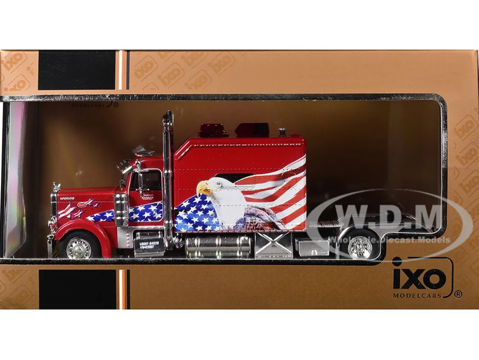 2002 Peterbilt 379 Custom Truck Tractor Red with Patriotic Graphics 1/64 Diecast Model by IXO Models