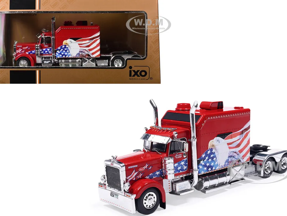 2002 Peterbilt 379 Custom Truck Tractor Red with Patriotic Graphics 1/64 Diecast Model by IXO Models