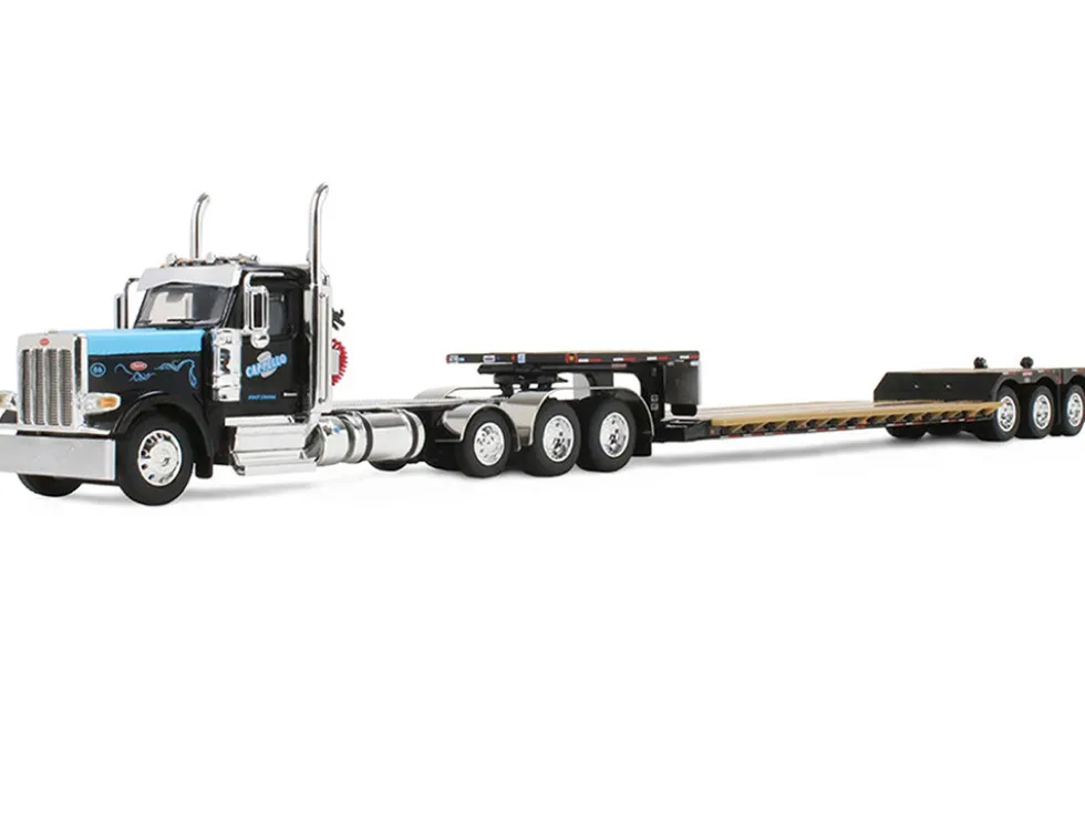 Peterbilt 589 Day Cab and Fontaine Renegade LXT40 Lowboy Trailer with Fliptail "Cappello Heavy Transport" Black with Light Blue Hood 1/64 Diecast Model by DCP/First Gear