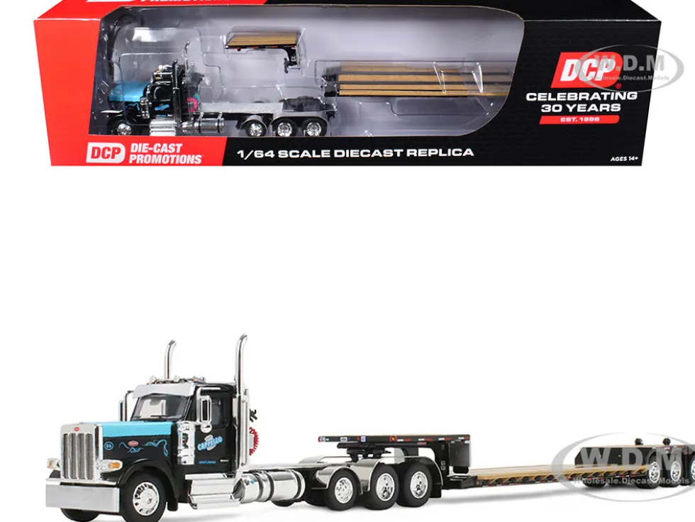 Peterbilt 589 Day Cab and Fontaine Renegade LXT40 Lowboy Trailer with Fliptail "Cappello Heavy Transport" Black with Light Blue Hood 1/64 Diecast Model by DCP/First Gear