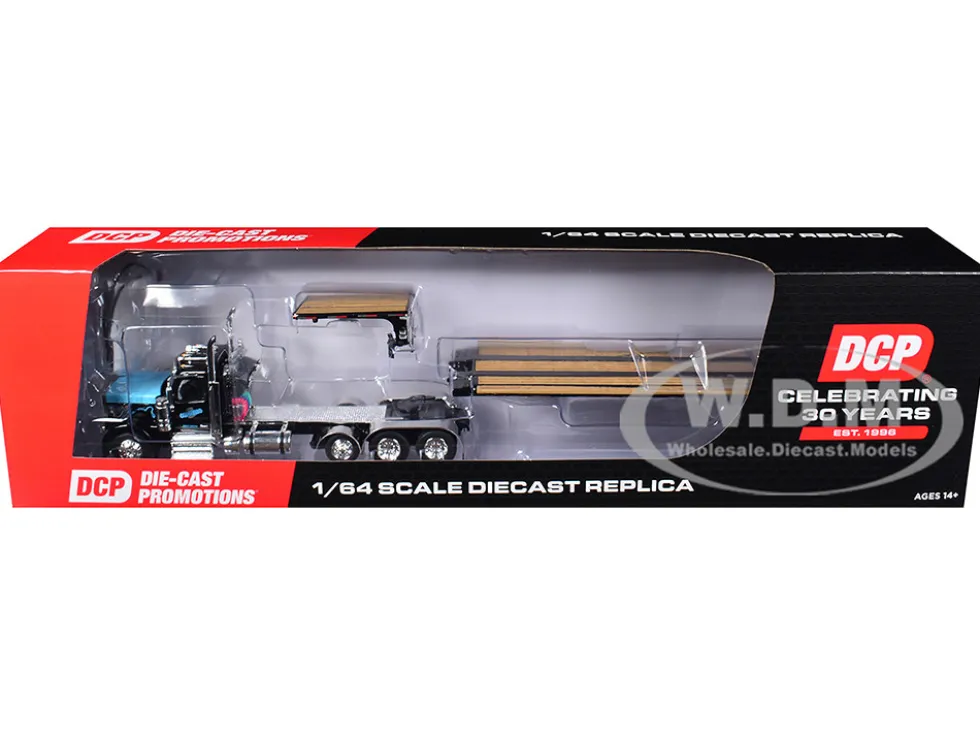 Peterbilt 589 Day Cab and Fontaine Renegade LXT40 Lowboy Trailer with Fliptail "Cappello Heavy Transport" Black with Light Blue Hood 1/64 Diecast Model by DCP/First Gear