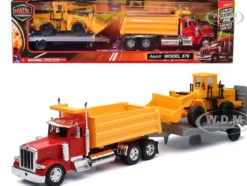 Peterbilt 379 Dump Truck Red and Wheel Loader Yellow with Flatbed Trailer Long Haul Truckers Series 1/32 Diecast Model New Ray SS-10673
