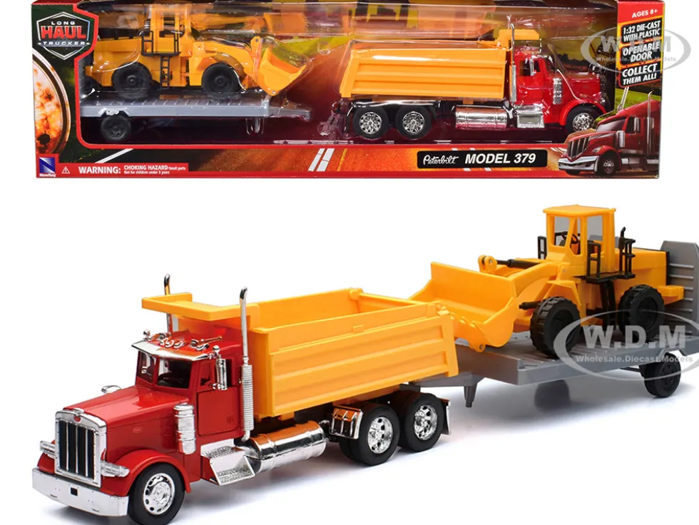 Peterbilt 379 Dump Truck Red and Wheel Loader Yellow with Flatbed Trailer Long Haul Truckers Series 1/32 Diecast Model New Ray SS-10673