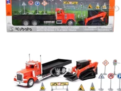 Peterbilt 379 Flatbed Truck Orange and Kubota SVL 95 2S Track Loader with Street Signs 1/32 Diecast Models New Ray SS-34023