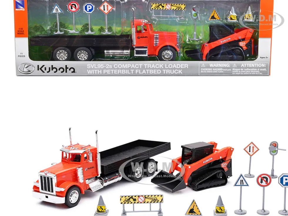 Peterbilt 379 Flatbed Truck Orange and Kubota SVL 95 2S Track Loader with Street Signs 1/32 Diecast Models New Ray SS-34023