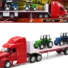 Peterbilt 387 Flatbed Truck Red with 2 Farm Tractors Blue and Green Long Haul Trucker Series 1/32 Diecast Model New Ray 10283A