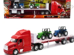 Peterbilt 387 Flatbed Truck Red with 2 Farm Tractors Blue and Green Long Haul Trucker Series 1/32 Diecast Model New Ray 10283A