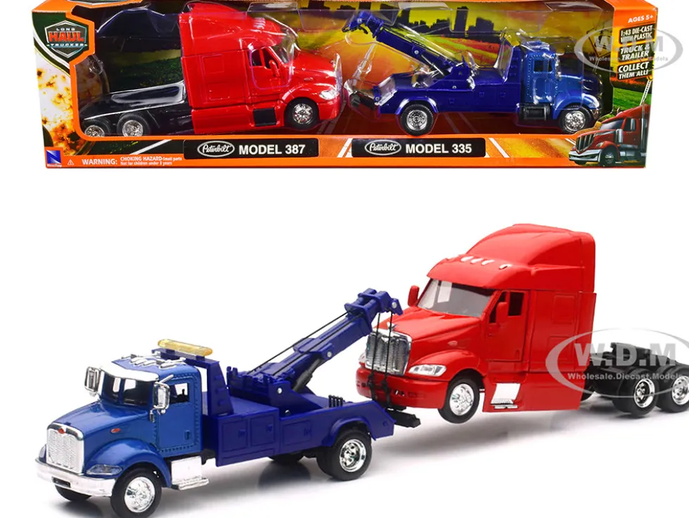 Peterbilt Model 335 Tow Truck Blue and Peterbilt Model 387 Cab Red 1/43 New Ray SS-15053
