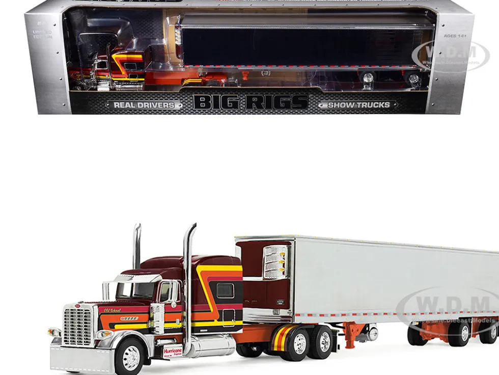 Peterbilt 389 Pride-N-Class with 70" Mid-Roof Sleeper and 53' Utility Trailer with Reefer "Hurricane Express" Brown with Stripes "Big Rigs" Series II #4 1/64 Diecast Model by DCP/First Gear