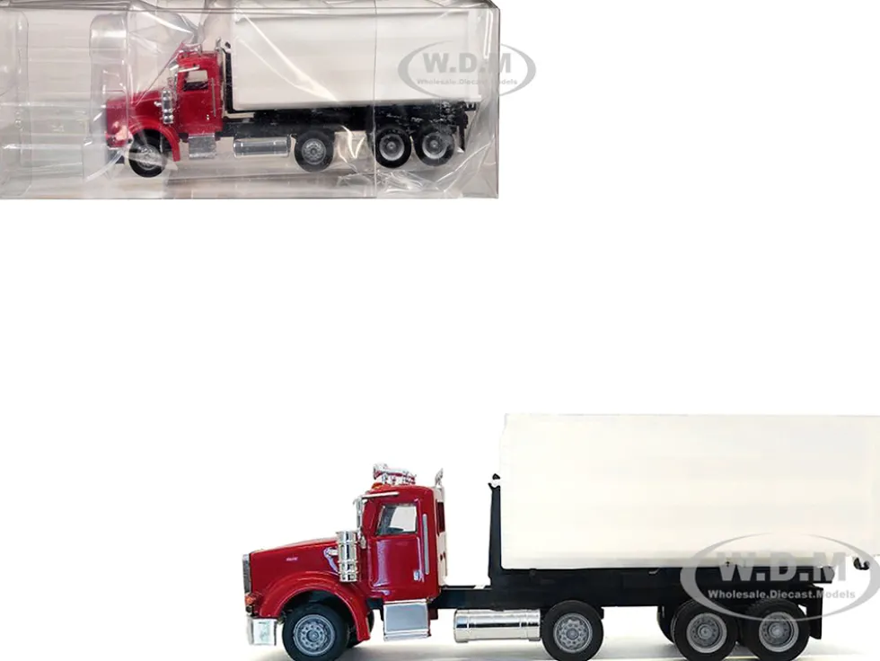 Peterbilt 367 Roll-Off Dump Truck Red with White Box 1/87 (HO) Plastic Model Car by Promotex