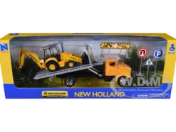 Peterbilt 335 Roll-Off Flatbed Truck and New Holland B110C Backhoe Loader with Street Signs "New Holland Construction" Diecast Models by New Ray