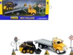 Peterbilt Roll Off Flatbed Truck Yellow and New Holland L228 Skid Steer Yellow with Road Signs New Holland Construction Series 1/43 Diecast Model New Ray 16173
