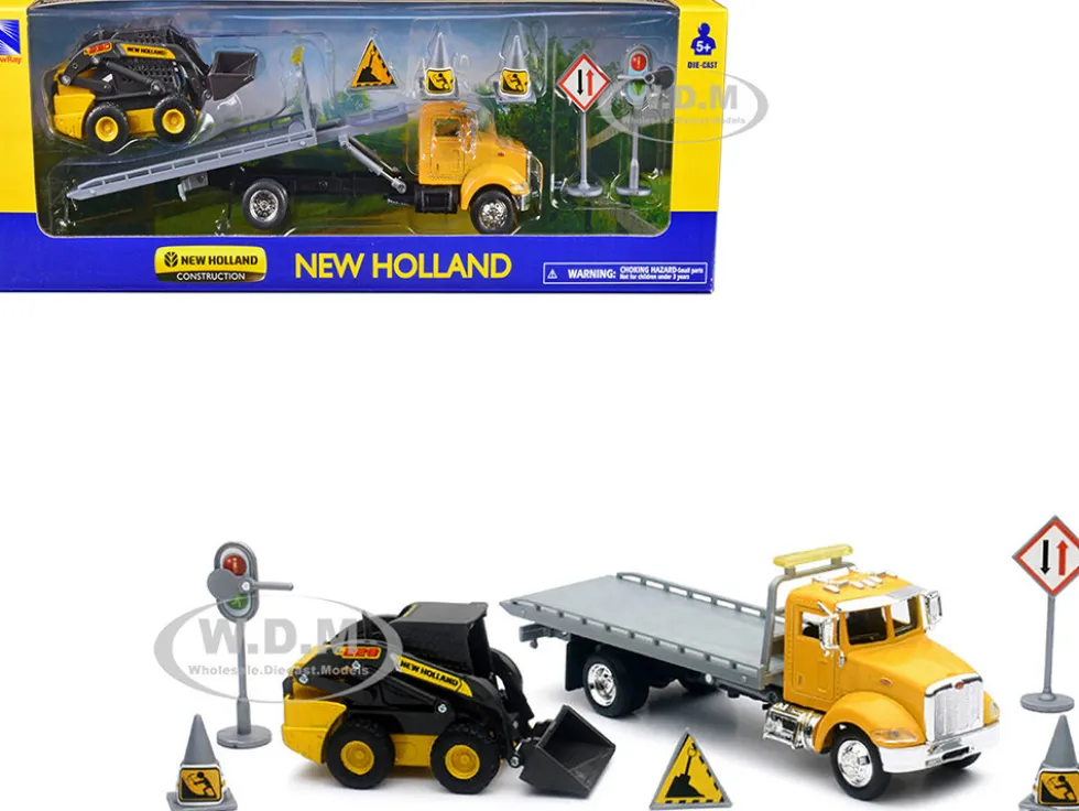 Peterbilt Roll Off Flatbed Truck Yellow and New Holland L228 Skid Steer Yellow with Road Signs New Holland Construction Series 1/43 Diecast Model New Ray 16173