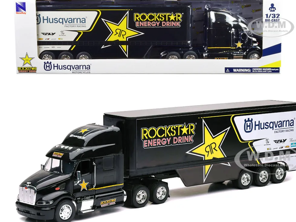 Peterbilt 387 Semi Truck Black Rockstar Energy Drink Husqvarna Factory Racing 1/32 Diecast Model New Ray 10963