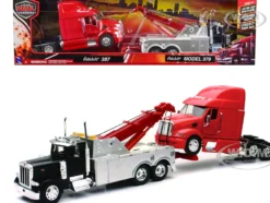 Peterbilt 379 Tow Truck Black with Peterbilt 387 Truck Tractor Red Set of 2 pieces 1/32 Diecast Model New Ray SS-12053A