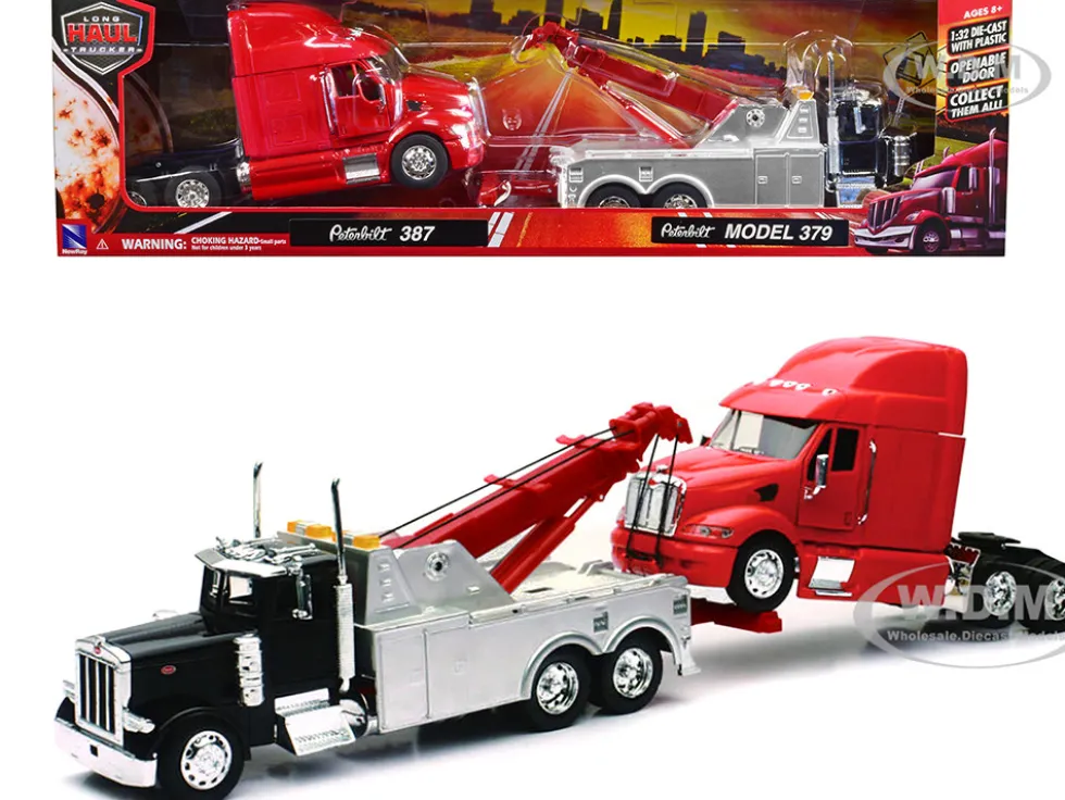 Peterbilt 379 Tow Truck Black with Peterbilt 387 Truck Tractor Red Set of 2 pieces 1/32 Diecast Model New Ray SS-12053A