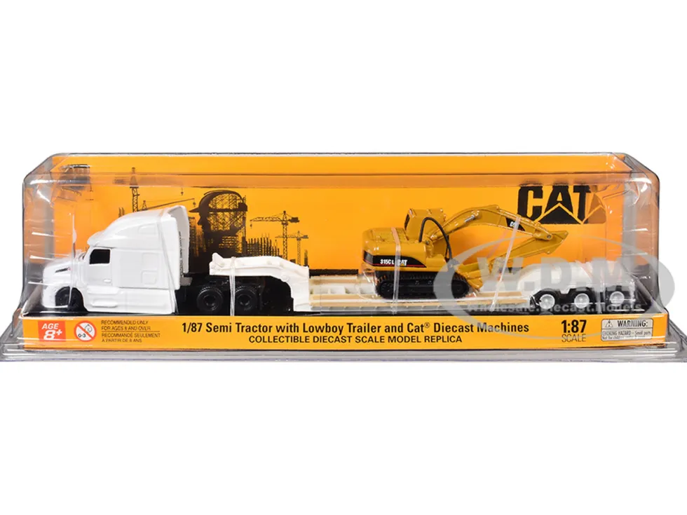 Peterbilt 579 Tractor White with Lowboy Trailer and CAT 315C Excavator Yellow 1/87 (HO) Diecast Model by Diecast Masters