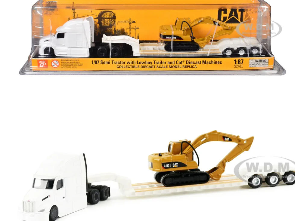 Peterbilt 579 Tractor White with Lowboy Trailer and CAT 315C Excavator Yellow 1/87 (HO) Diecast Model by Diecast Masters