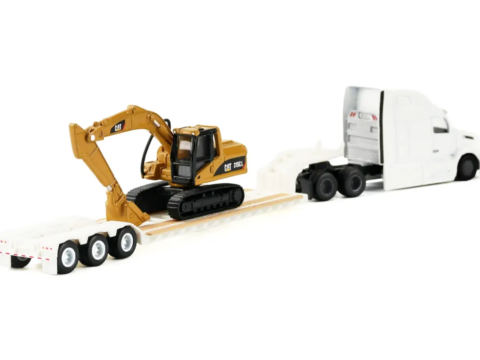 Peterbilt 579 Tractor White with Lowboy Trailer and CAT 315C Excavator Yellow 1/87 (HO) Diecast Model by Diecast Masters