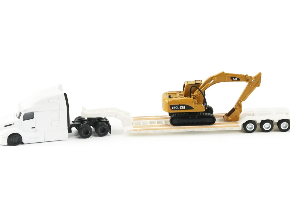 Peterbilt 579 Tractor White with Lowboy Trailer and CAT 315C Excavator Yellow 1/87 (HO) Diecast Model by Diecast Masters
