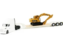 Peterbilt 579 Tractor White with Lowboy Trailer and CAT 315C Excavator Yellow 1/87 (HO) Diecast Model by Diecast Masters