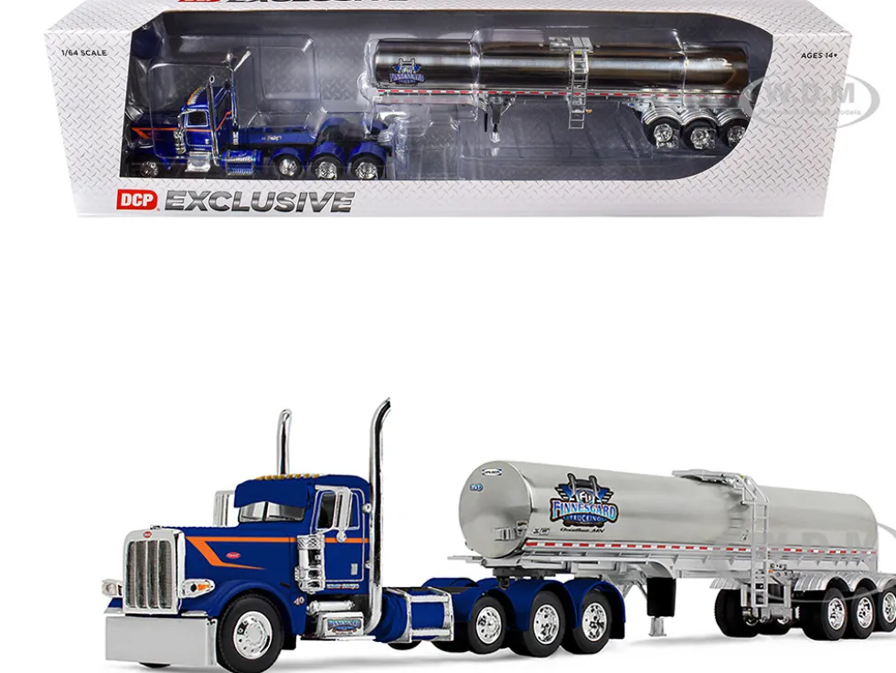 Peterbilt 389 Tri-Axle Day Cab and Walker Food Grade Tank Trailer "Finnesgard Trucking" Blue with Orange Stripes 1/64 Diecast Model by DCP/First Gear