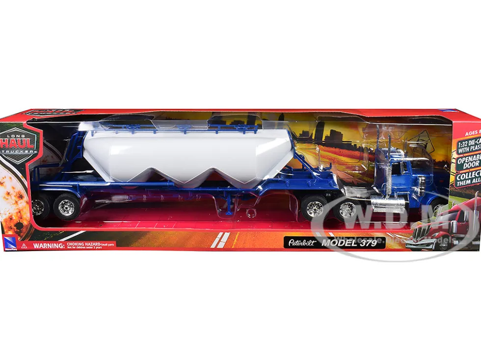 Peterbilt 379 Truck Blue with Pneumatic Tanker Trailer White "Long Haul Truckers" Series 1/32 Diecast Model by New Ray