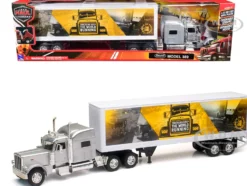 Peterbilt 389 Truck Silver Metallic with Dry Van Trailer "Trucker Keep The World Running" "Long Haul Truckers" Series 1/32 Diecast Model by New Ray