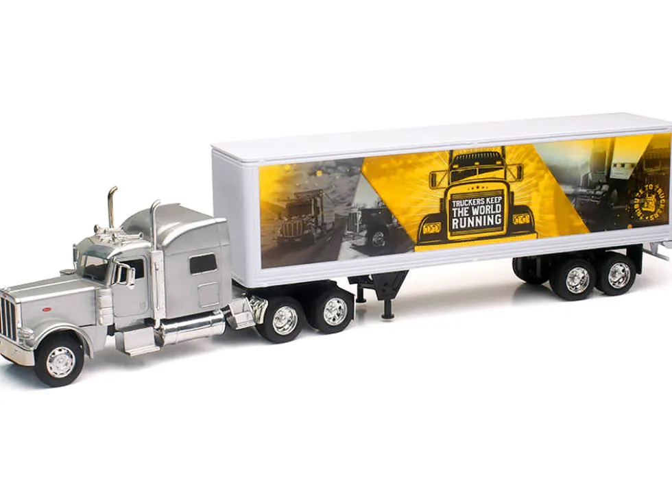 Peterbilt 389 Truck Silver Metallic with Dry Van Trailer "Trucker Keep The World Running" "Long Haul Truckers" Series 1/32 Diecast Model by New Ray