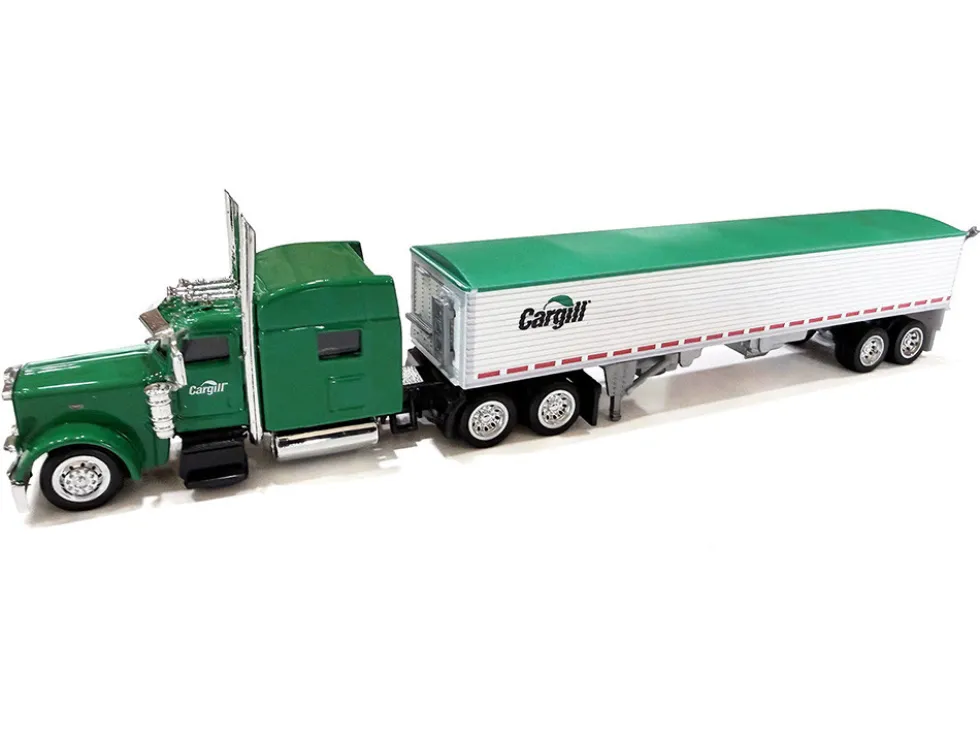 Peterbilt 389 Truck Tractor with Sleeper Cab "Cargill" Green and Covered Grain Trailer White with Green Tarp Combo Set 1/87 (HO) Plastic Model Car by HO Logistics