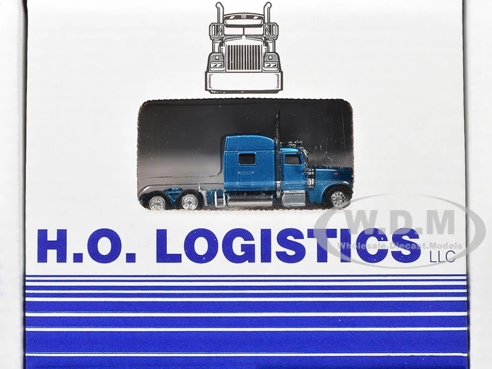 Peterbilt 389 Truck Tractor with Sleeper Cab Blue Metallic and Pneumatic Tank Trailer Chrome Combo Set 1/87 (HO) Plastic Model Car by HO Logistics
