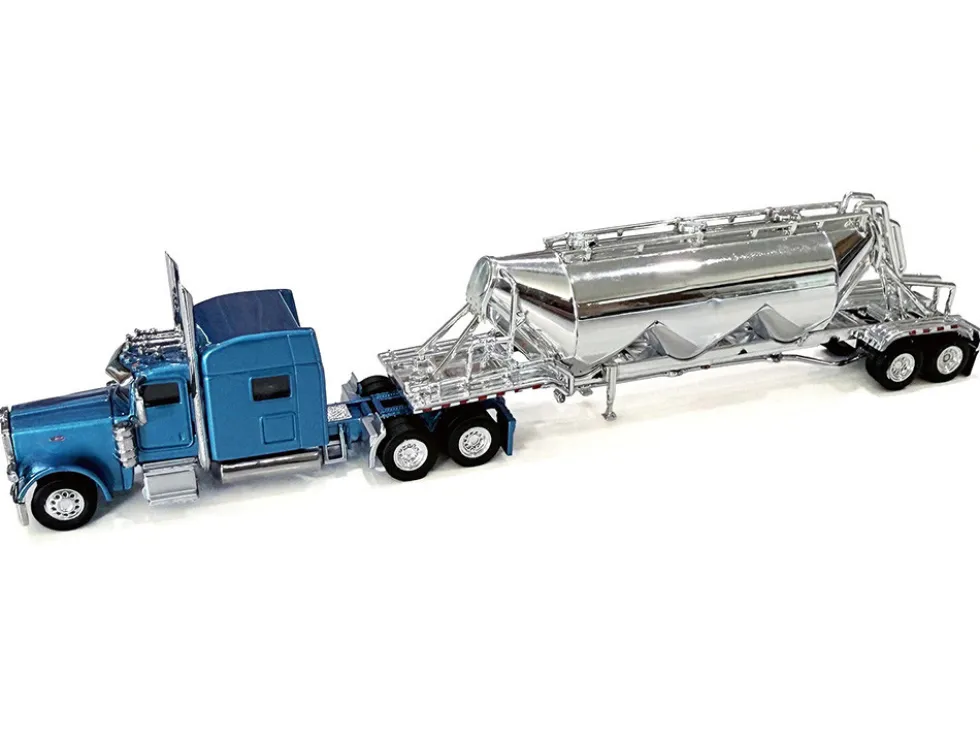 Peterbilt 389 Truck Tractor with Sleeper Cab Blue Metallic and Pneumatic Tank Trailer Chrome Combo Set 1/87 (HO) Plastic Model Car by HO Logistics