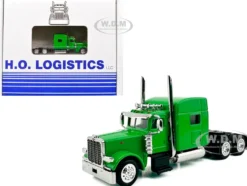 Peterbilt 389 Truck Tractor with Sleeper Cab Lime Green and Low Boy Flatbed Trailer Black Combo Set 1/87 (HO) Plastic Model Car by HO Logistics