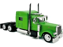 Peterbilt 389 Truck Tractor with Sleeper Cab Lime Green and Low Boy Flatbed Trailer Black Combo Set 1/87 (HO) Plastic Model Car by HO Logistics