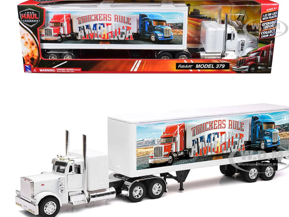 Peterbilt 379 Truck White with Dry Van Trailer "Truckers Rule America" "Long Haul Truckers" Series 1/32 Diecast Model by New Ray