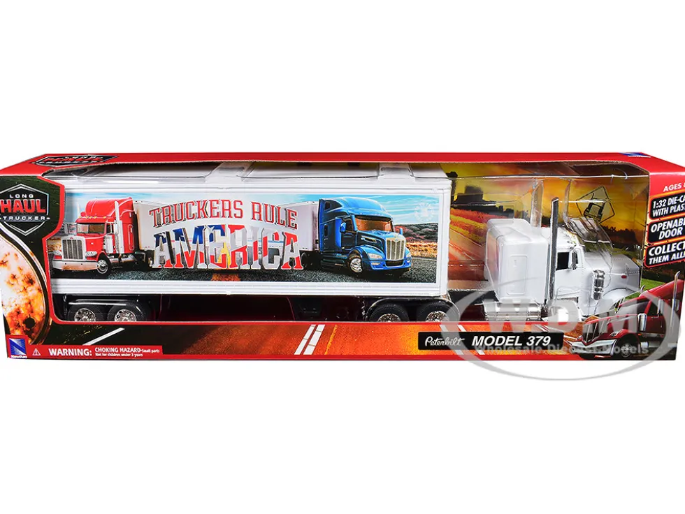 Peterbilt 379 Truck White with Dry Van Trailer "Truckers Rule America" "Long Haul Truckers" Series 1/32 Diecast Model by New Ray
