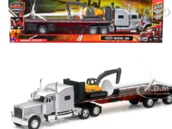 Peterbilt 389 Truck with Flatbed Trailer Silver Metallic with Excavator and Wind Turbine Long Haul Truckers Series 1/32 Diecast Model New Ray SS-10333B