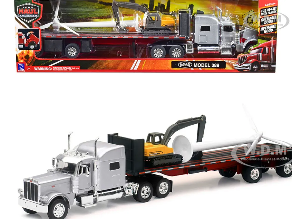 Peterbilt 389 Truck with Flatbed Trailer Silver Metallic with Excavator and Wind Turbine Long Haul Truckers Series 1/32 Diecast Model New Ray SS-10333B