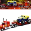 Peterbilt 379 Truck with Lowboy Trailer Red with Orange Flames and Monster Truck Yellow with Blue Flames Long Haul Truckers Series 1/32 Diecast Model New Ray SS-11263A